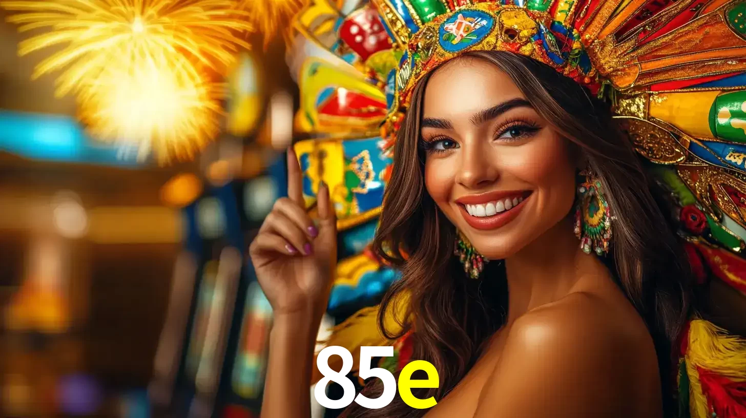Mulher sorridente com um cocar de carnaval vibrante e colorido, celebrando uma grande vitória nos jogos do cassino 85e com fogos de artifício ao fundo.