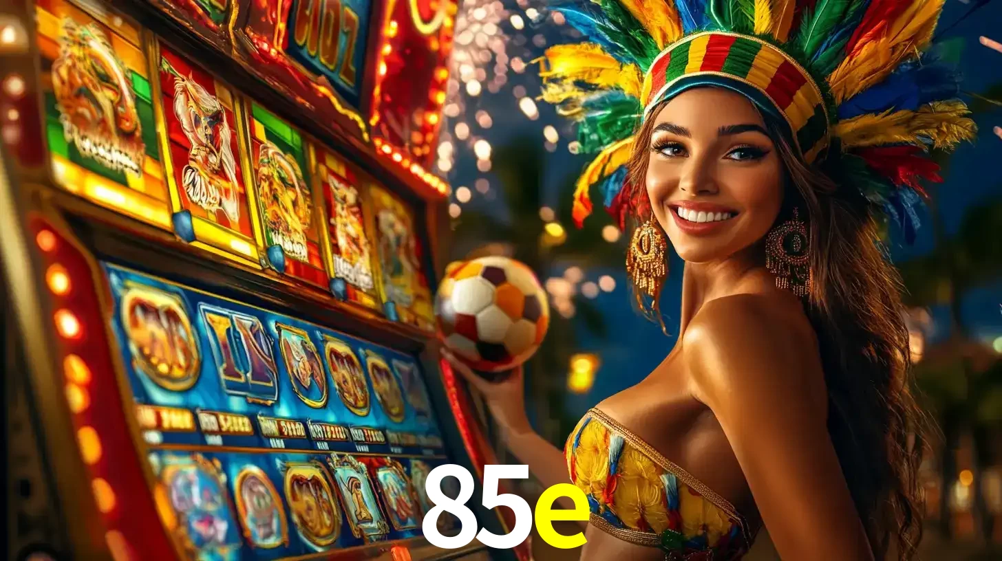 Mulher com um cocar de carnaval ao lado de uma máquina de caça-níqueis enquanto segura uma bola de futebol, mostrando a união da diversão de cassino e esportes no 85e.