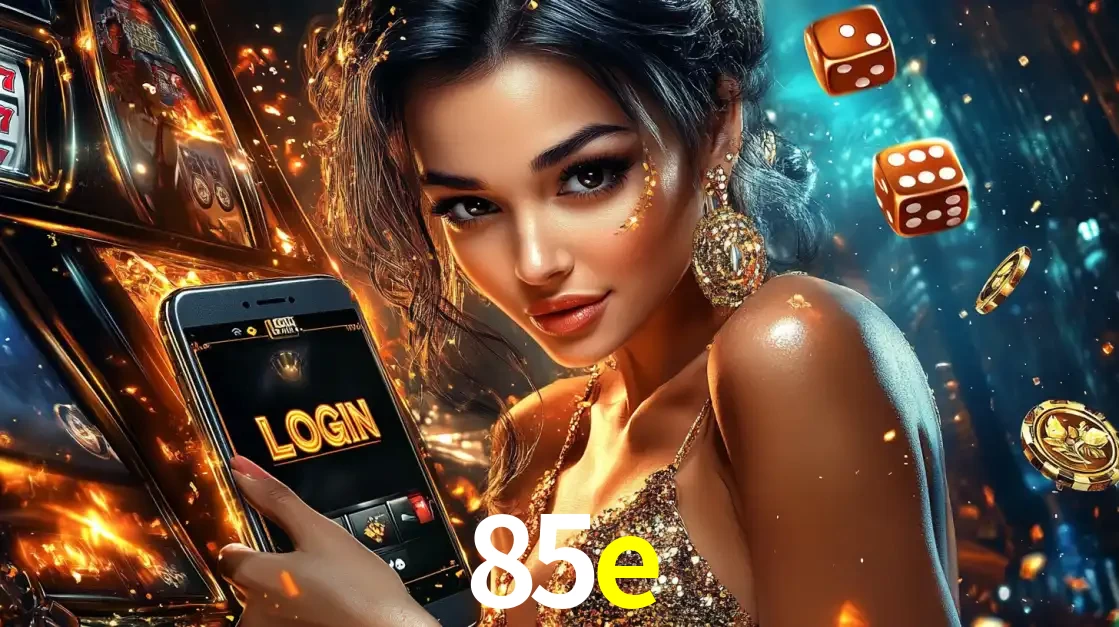 Mulher glamourosa segurando um celular com a tela de login do cassino 85e, rodeada por dados e moedas douradas, pronta para começar a diversão.