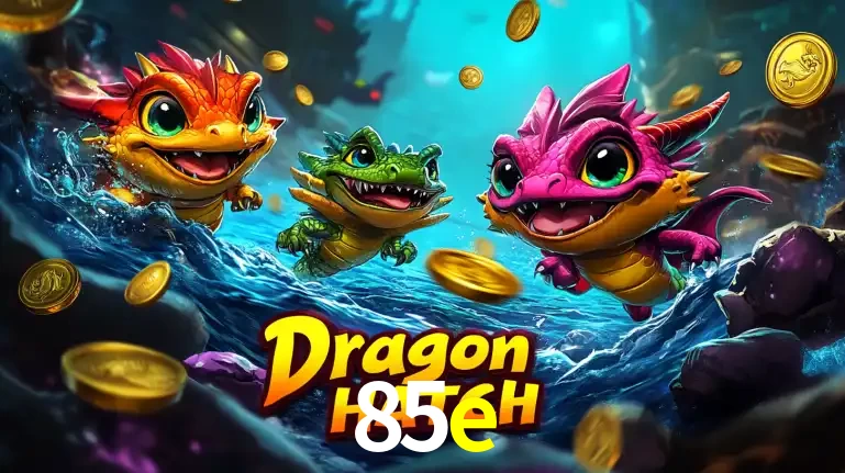 Arte promocional do jogo Dragon Hatch com três adoráveis dragões bebês nadando entre moedas de ouro, um dos slots mais divertidos para jogar no cassino 85e.