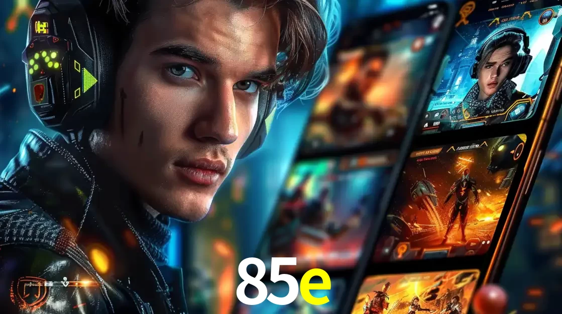 Jovem jogador com fones de ouvido olhando para a câmera, com um aplicativo de jogos e e-sports para celular ao fundo, pronto para a competição e apostas no 85e.
