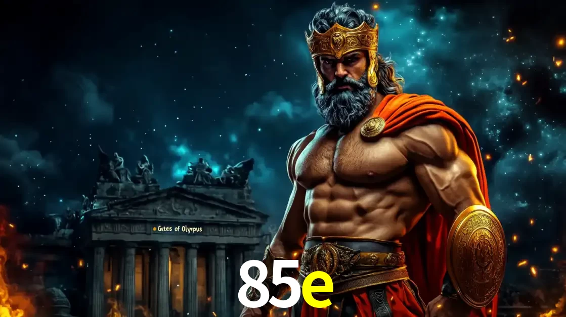 O poderoso Zeus do jogo de slot Gates of Olympus em frente ao seu templo, pronto para lançar multiplicadores divinos e prêmios épicos no cassino online 85e.