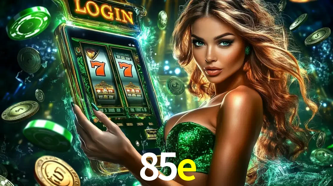 Mulher com tema verde apresentando o aplicativo do cassino 85e com um jogo de slot de 777, cercada por fichas de cassino e uma aura de sorte.