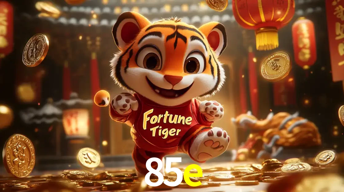 O alegre personagem do Fortune Tiger correndo sobre um caminho de moedas de ouro, simbolizando os grandes prêmios e a diversão do popular jogo de slot do 85e.