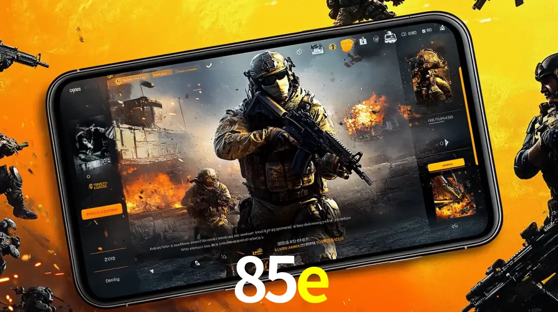 Um smartphone exibindo a interface de um jogo de tiro em primeira pessoa, com um soldado em um cenário de batalha, representando a ação dos e-sports para apostar no 85e.