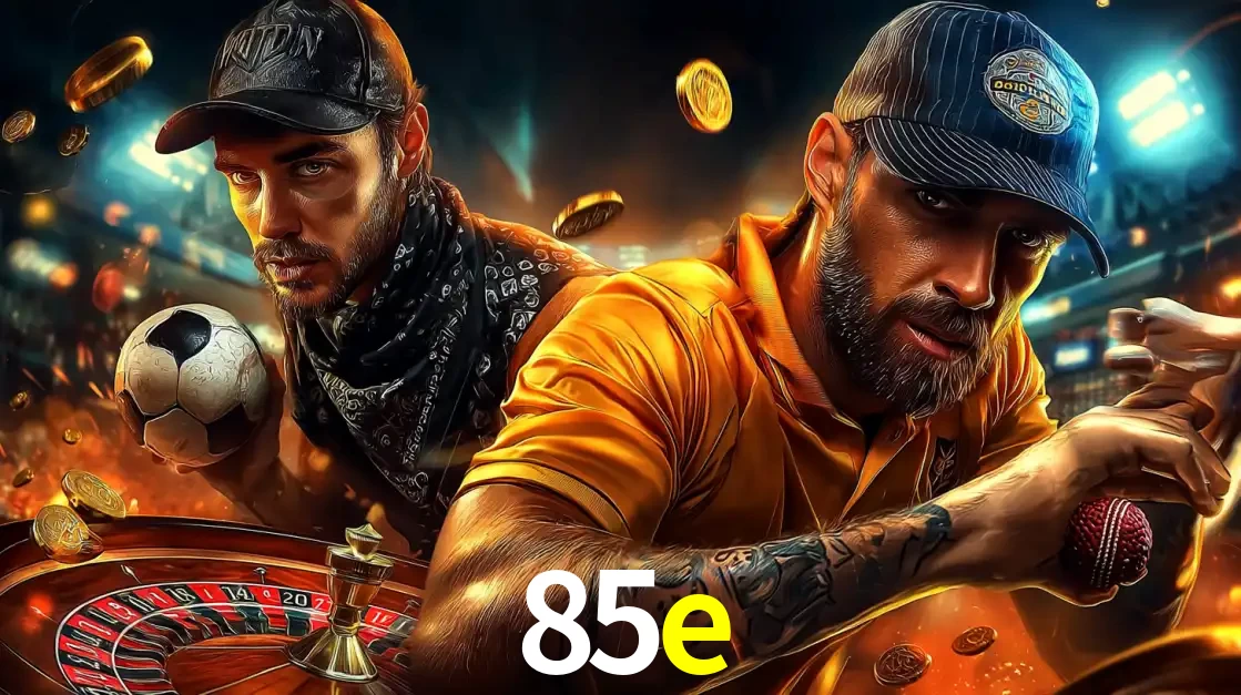 Montagem de apostas esportivas e cassino no 85e, com um homem segurando uma bola de futebol e outro uma de beisebol sobre uma roleta e moedas voadoras.