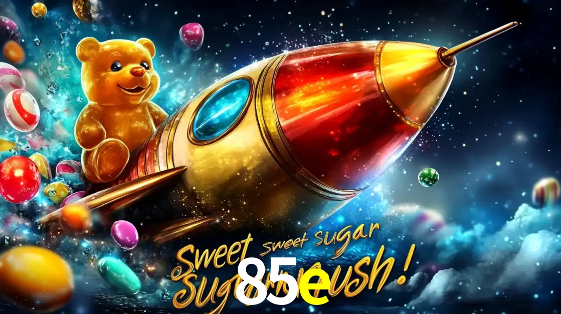 Arte promocional do jogo de slot Sugar Rush, com um urso de pelúcia em um foguete viajando pelo espaço de doces, um dos jogos divertidos disponíveis no cassino 85e.