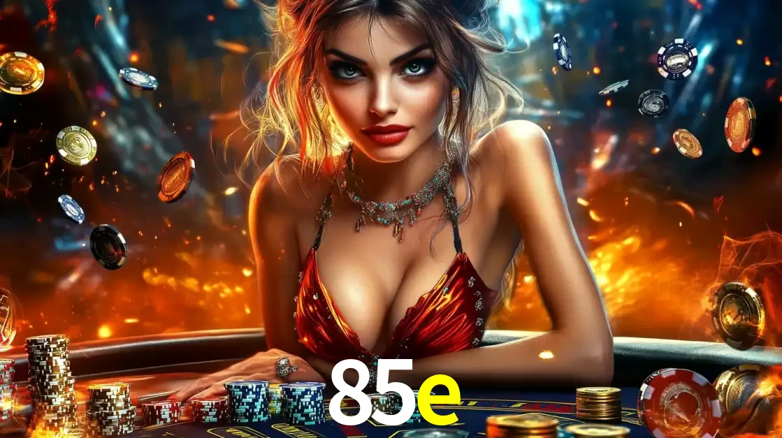 Mulher em uma mesa de cassino com pilhas de fichas e um fundo de fogo, pronta para uma rodada de altas apostas nos jogos de mesa emocionantes do cassino 85e.