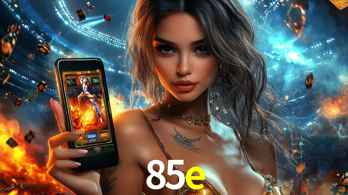 Mulher segurando um celular com um jogo de slot em destaque, tendo como fundo um estádio vibrante, simbolizando a emoção de jogar no cassino móvel 85e.