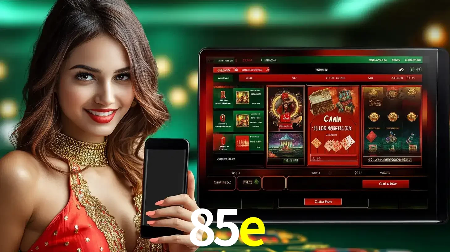 Mulher sorridente segurando um smartphone, ao lado de uma tela exibindo o lobby de jogos do cassino online 85e, com várias opções de jogos de cartas e slots.